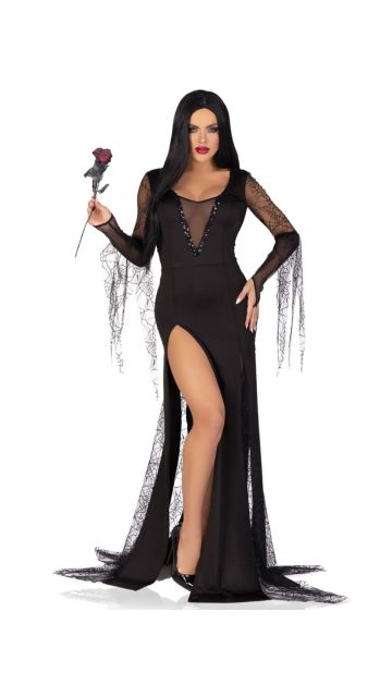 Spooky Beauty - Features Backless Deep-V Dress w/ Sequin Trim & Ruched Back, Spiderweb Gauntlet Sleeves & High Slit Tentacle Skirt