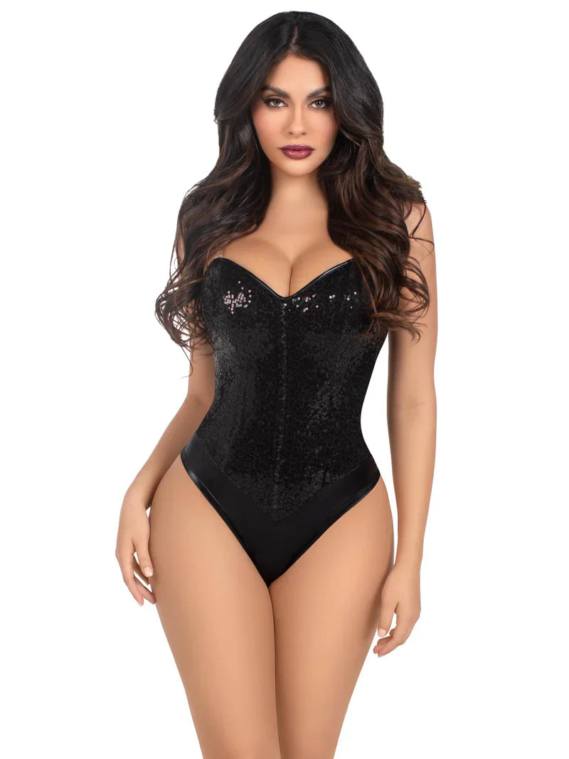 Sequin Boned Bodysuit with Clear Straps