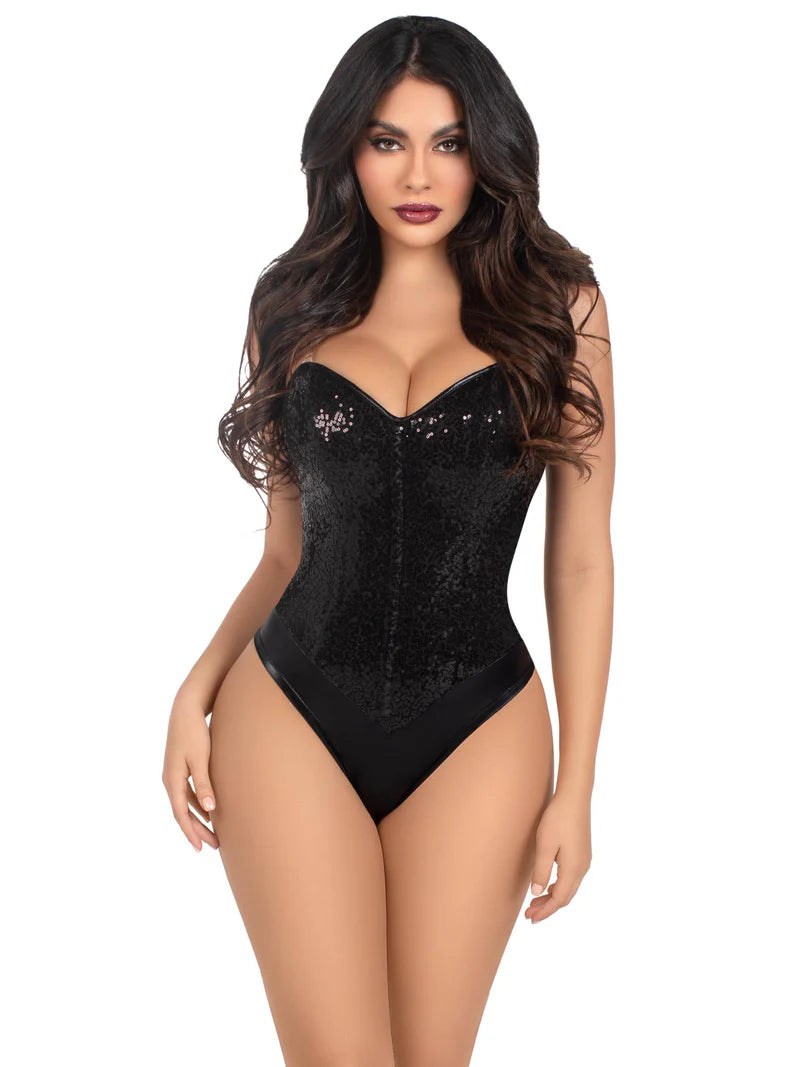 Sequin Boned Snap Crotch Bodysuit w/ Detachable Clear Straps