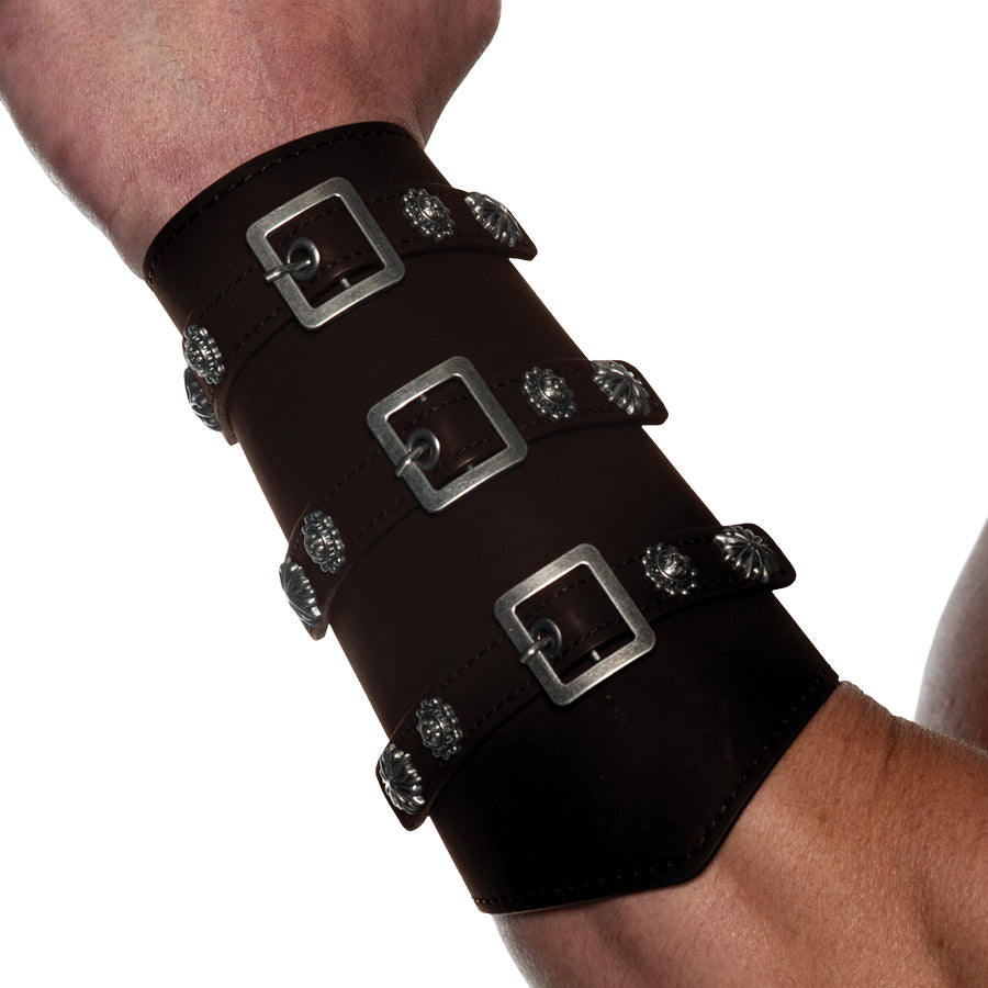 Faux Leather Long Arm Cuff With Buckles And Nail Heads