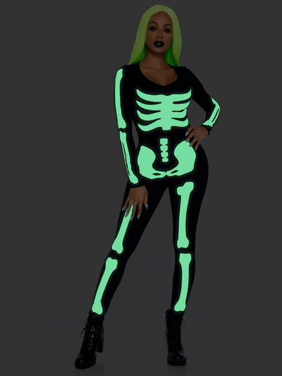 Spandex Printed Glow-In-The-Dark Skeleton Catsuit BLACK/WHITE MEDIUM