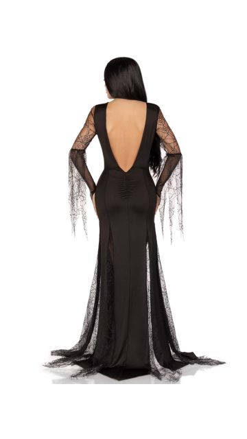 Spooky Beauty - Features Backless Deep-V Dress w/ Sequin Trim & Ruched Back, Spiderweb Gauntlet Sleeves & High Slit Tentacle Skirt