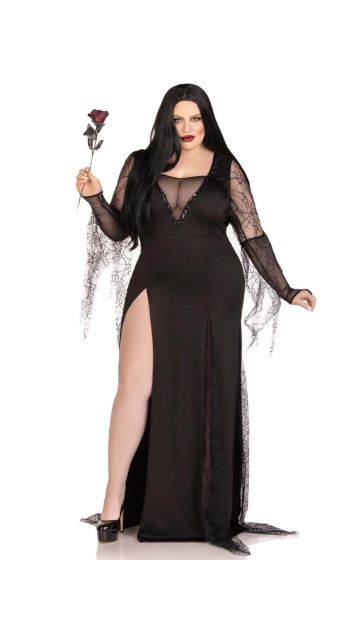 Spooky Beauty - Features Backless Deep-V Dress w/ Sequin Trim & Ruched Back, Spiderweb Gauntlet Sleeves & High Slit Tentacle Skirt Plus Size