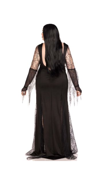 Spooky Beauty - Features Backless Deep-V Dress w/ Sequin Trim & Ruched Back, Spiderweb Gauntlet Sleeves & High Slit Tentacle Skirt Plus Size