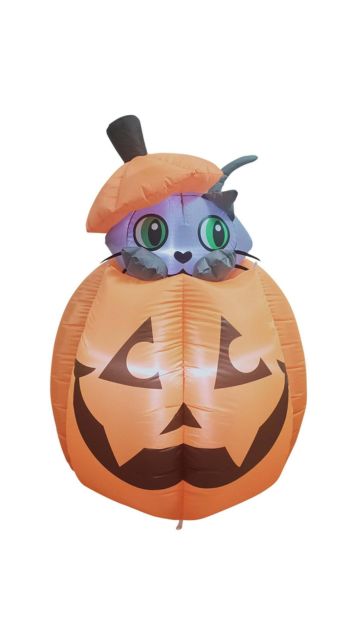 Tall Animated Kitty Cat on Pumpkin Inflatable for Halloween (5 ft)