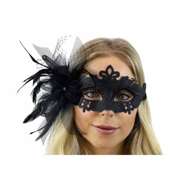 Black Feather Flower Mask