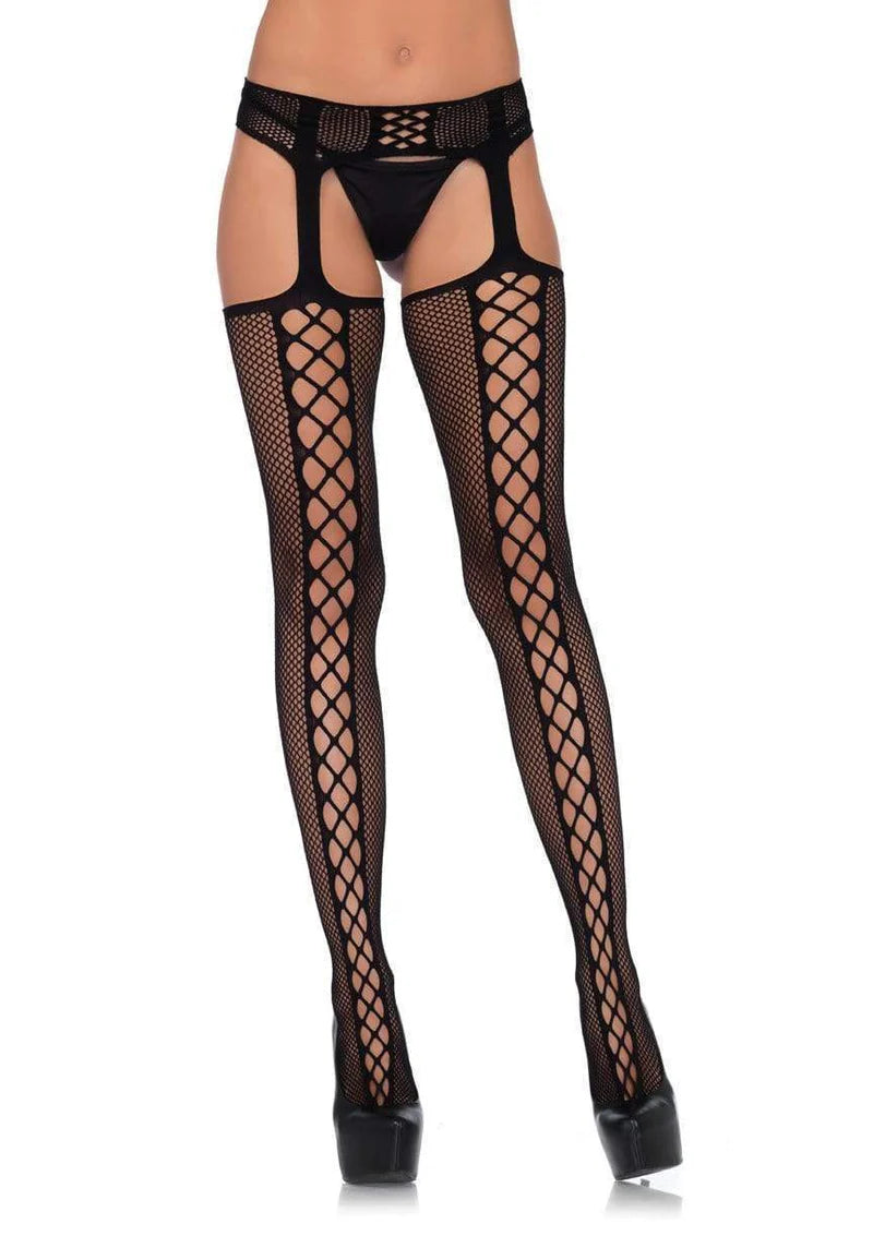 Faux Lace Up Dual Net Back Seam Stockings w/ Attached Garter Belt